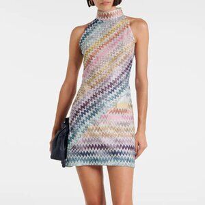 Missoni Inspired Knit Colorful Zigzag Pattern High Neck Sleeveless Mini Dress